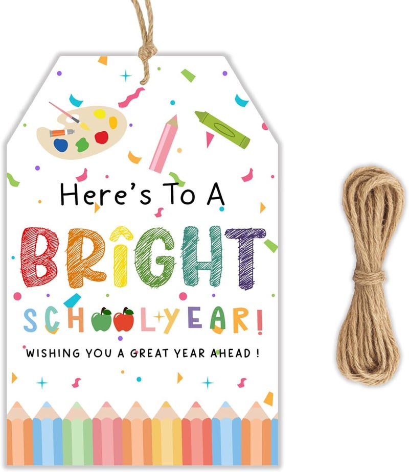 llyinglpdec 50pcs Back to School Gift Tags – “Bright School Year” Paper Tags with String for Teacher Treats, Student Goodie Bags, Classroom Welcome Decor – 2.2x3.3in - Image 1